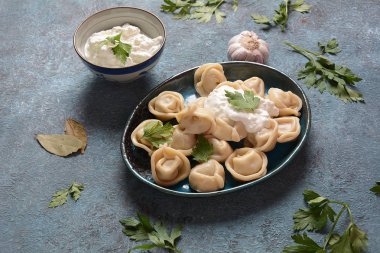 Ekşi kremalı ve taze maydanozlu ev yapımı etli börek. Geleneksel Rus yemeği, pelmeni, ravioli.