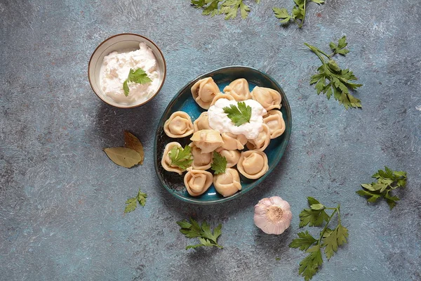 Homemade Meat Dumplings Served Sour Cream Fresh Parsley Plate Traditional — Stock Photo, Image