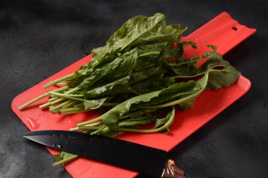 Mutfak tahtasındaki taze yeşil kuş. Yemek pişirmek ya da yemek hazırlamak. 