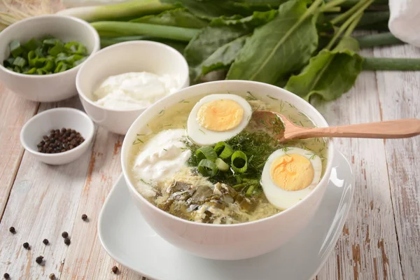Green sorrel and spinach soup with boiled egg, spring onion and sour cream on white wooden rustic table. Diet or healthy food concept