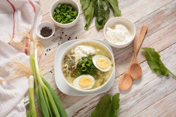 Green sorrel and spinach soup with boiled egg, spring onion and sour cream on white wooden rustic table. Diet or healthy food concept — Stock Image Green Sorrel Spinach Soup Boiled Egg Spring Onion Sour Cream Royalty Free Stock Photos