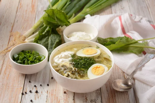 Green sorrel and spinach soup with boiled egg, spring onion and sour cream on white wooden rustic table. Diet or healthy food concept — Stock Image Green Sorrel Spinach Soup Boiled Egg Spring Onion Sour Cream Royalty Free Stock Images