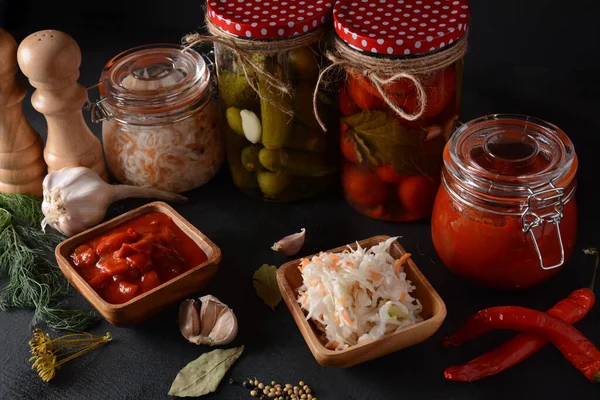 Jars Homemade Pickled Vegetables Cucumbers Tomatoes Cabbage Black Background Marinated — Stock Photo, Image