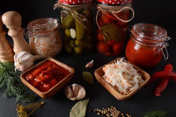 Jars Homemade Pickled Vegetables Cucumbers Tomatoes Cabbage Black Background Marinated — Stock Photo, Image