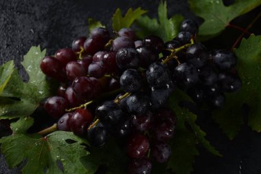 Siyah arkaplanda yaprakları olan koyu mavi / siyah üzümler. 