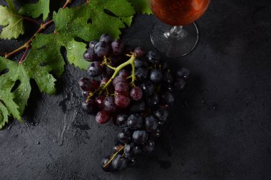 Siyah arkaplanda yaprakları olan koyu mavi / siyah üzümler. 