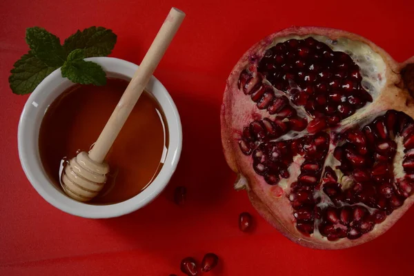 Honigglas Granatapfel Frischer Apfel Rosch Haschana Jüdischer Neujahrsfeiertag — Stockfoto