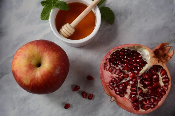 Pot Miel Grenade Pomme Fraîche Rosh Hashanah Nouvel Juif Vacances — Photo