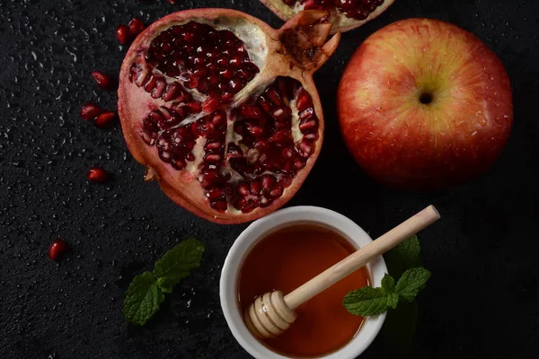 Honigglas Granatapfel Frischer Apfel Rosch Haschana Jüdischer Neujahrsfeiertag — Stockfoto
