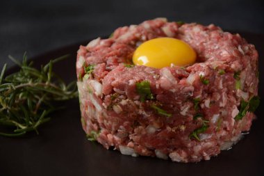 Çiğ yumurtalı sığır eti, soğan ve taze bitkiler. Fransız mutfağı.
