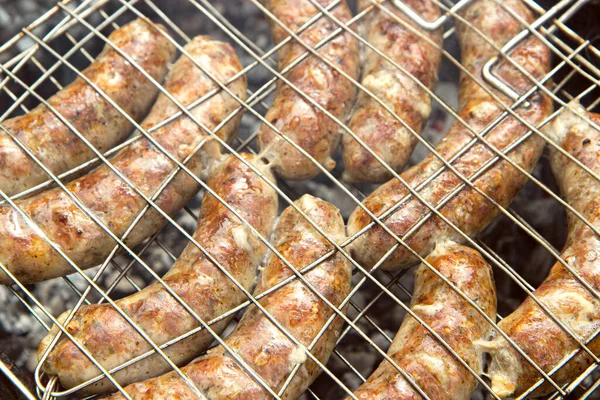 Saucisses Maison Grillées Sur Barbecue Gros Plan Nourriture Pique Nique — Photo
