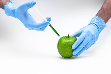 Agronomist şırıngası ile elmaya uzun vadeli meyve depolama için sorbik asit enjekte edilir. Genetik modifiye yiyecekler, GMO. beyaz arkaplanda izole