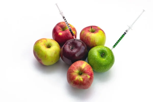 Syringe Injection Apple Sorbic Acid Waiting Long Term Storage Fruit — Stock Photo, Image