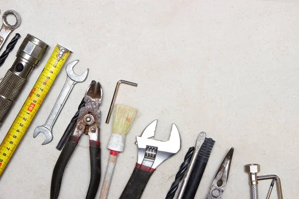 Ferramentas Decoração Renovação Casa Outros Itens Essenciais Sobre Concreto Branco — Fotografia de Stock