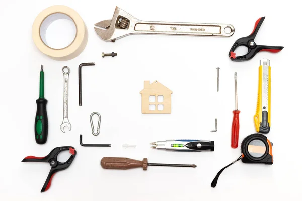 Ferramentas Decoração Renovação Casa Outros Itens Essenciais Com Casa Brinquedo — Fotografia de Stock