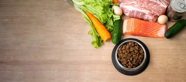 Doğal malzemeli kurutulmuş köpek maması. Çiğ et, balık, sebze, yumurta ve salata kasenin yanında, ahşap arka planda fotokopi alanı olan kuru hayvan yemi. Bayrak evcil hayvan için sağlıklı beslenme, düz