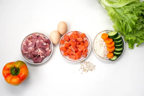 Pet dog food from natural ingredients. Raw meat, fish, vegetables, eggs and salad. concept of a correct balanced and healthy nutrition for pet, flat lay