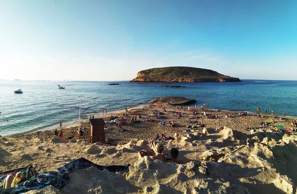 Cala Güzel Plaj Comte Günbatımı Zaman Ibiza Adası — Stok fotoğraf