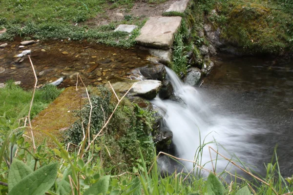 Ścieżka wodna z efektem jedwabiu. mała rzeka płynąca z wodospadu na środku zalesionej równiny — Zdjęcie stockowe