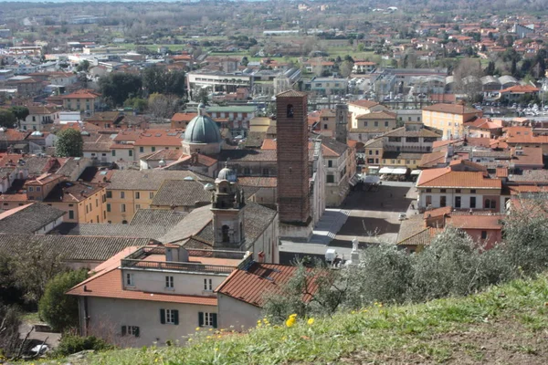 Οι κόκκινες στέγες των κατοικημένων σπιτιών, η εκκλησία και το καμπαναριό του καθεδρικού ναού pietrasanta δει από το πράσινο ενός λόφου στην κορυφή — Φωτογραφία Αρχείου