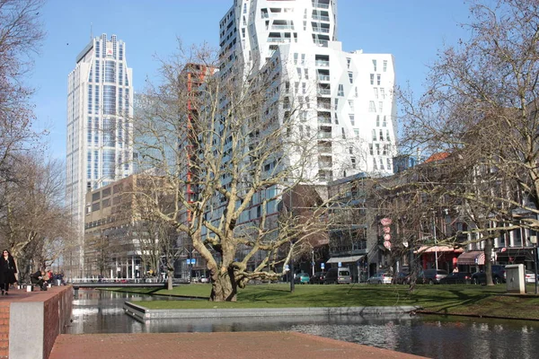 Gebäude, Paläste und moderne Bauten in den lebhaften Straßen der Großstadt Rotterdam — Stockfoto