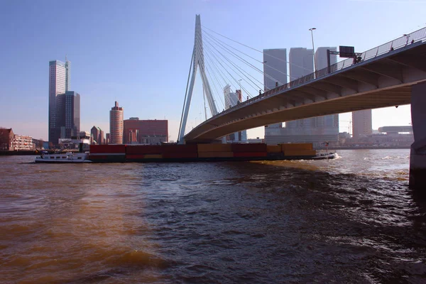 Eine reise zur entdeckung der modernen und futuristischen architektonischen stadt rotterdam, zwischen brücken und hochhäusern — Stockfoto