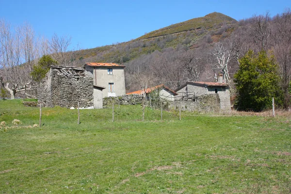 Village abandonné et maisons isolées vides. pelouse verte par une journée ensoleillée de printemps à Cerreta San Nicola — Photo