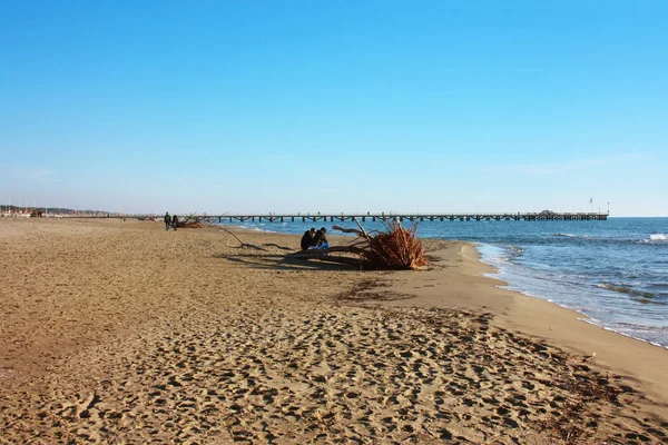 Forte dei Marmi de Versilia kumlu plajda güzel güneşli kış günü. Ufuktaki iskele, küçük mavi bir deniz ve iyi yürüyüşler için berrak bir gökyüzü — Stok fotoğraf