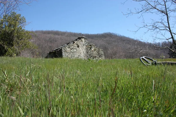 En metall detektor vilar på en gräs matta, som ligger på en mycket grön clearing, ett fält i Apuan alperna i Toscana. framför en övergiven ruin, en gång ett hus för bönder och boskaps uppfödare i bergen — Stockfoto