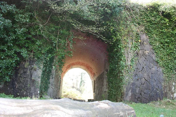 Portal de acceso aterrador, arqueado para entrar en el Fuerte Bastión de Fosdinovo, una fortaleza tomada por la naturaleza y la vegetación silvestre — Foto de Stock
