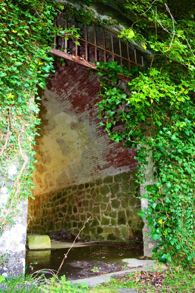 Portal de acesso assustador, arqueado para entrar no Fort Bastion de Fosdinovo, uma fortaleza tomada pela natureza e vegetação selvagem — Fotografia de Stock