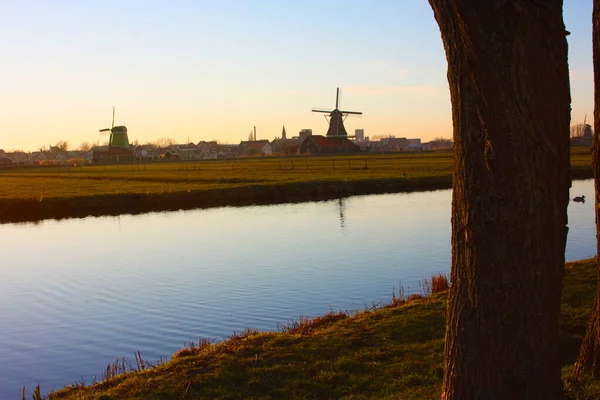 Romántico atardecer en colores rojo y amarillo. la llanura del campo rural de zaanse schans con sus típicos molinos holandeses — Foto de Stock