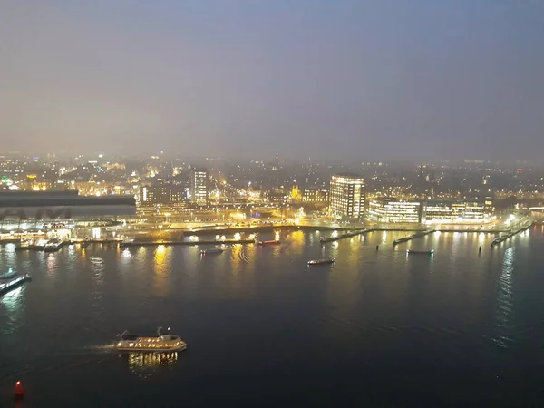 Panorama Nocturne Haut Sur Les Lumières Canal Amsterdam Aux Pays — Photo