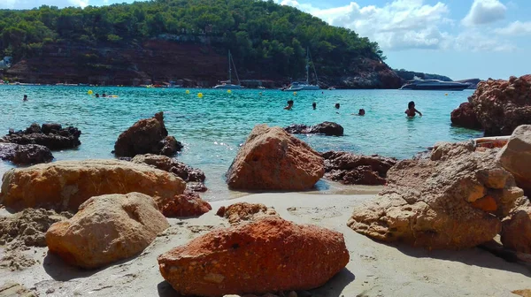 Sziklás Panoráma Szikla Tenger Cala Bassa Ibiza Baleár Sziget — Stock Fotó