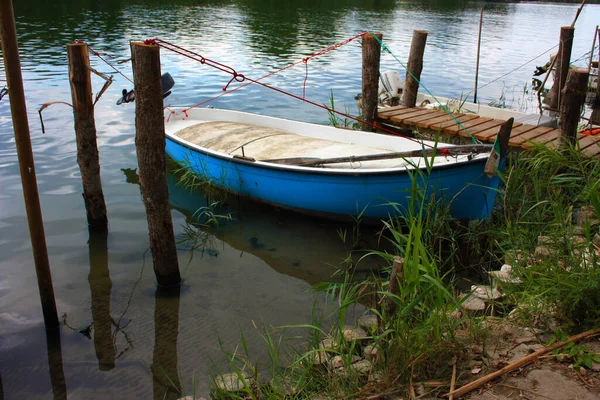 清澈的船坞 停泊在一条沼泽的河里 小船停泊在碧绿的丛林里 — 图库照片