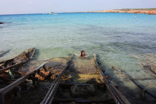 Girl Sea Summer Swimsuit Crystal Clear Waters Formentera Cala Saona — Stock Photo, Image