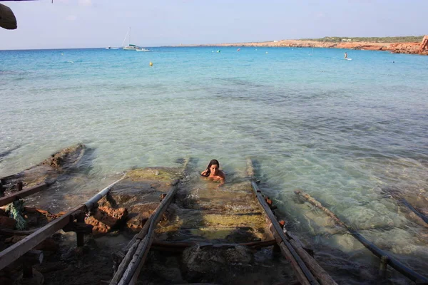 Girl Sea Summer Swimsuit Crystal Clear Waters Formentera Cala Saona — Stock Photo, Image