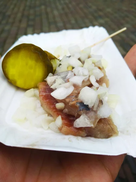 Typical Dutch Takeaway Dish Delicious Fresh Herring Small Tray Served — Stock Photo, Image