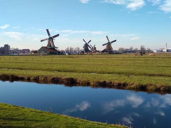 Hermoso Panorama Zaanse Scans Los Países Bajos Molinos Viento Estanques — Foto de Stock