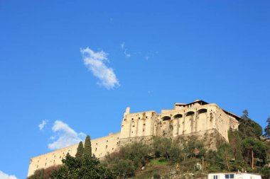 Yeşil tepeye tünemiş antik dük kalesi. Tuscany 'deki mavi gökyüzüne bakan bir bina.