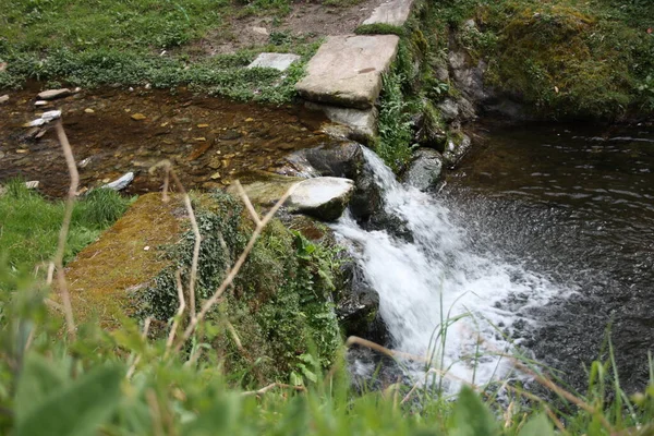 Vodní Cesta Hedvábným Efektem Malá Řeka Tekoucí Vodopádu Uprostřed Zalesněné — Stock fotografie