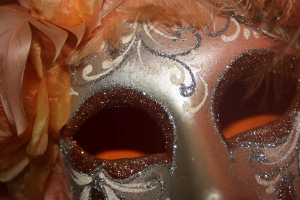 Venedik Karnavalı Nın Parlak Tüylü Pembe Çiçekli Yapımı Maskesinin Turuncu — Stok fotoğraf
