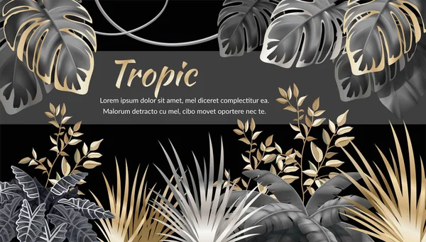 Template banner dark leaves of tropical exotic plants. Background jungle with palm trees and lianas. Vector 3d illustration with space for text.