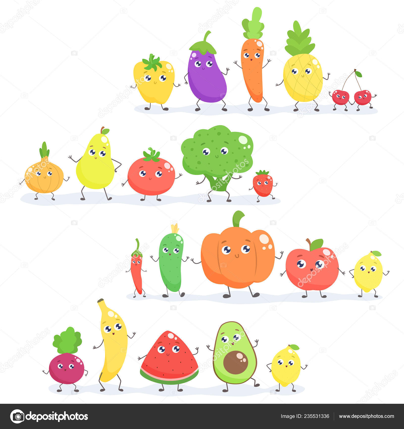 Vetores de Desenhos Animados Das Frutas Frescas E Dos Veggies e