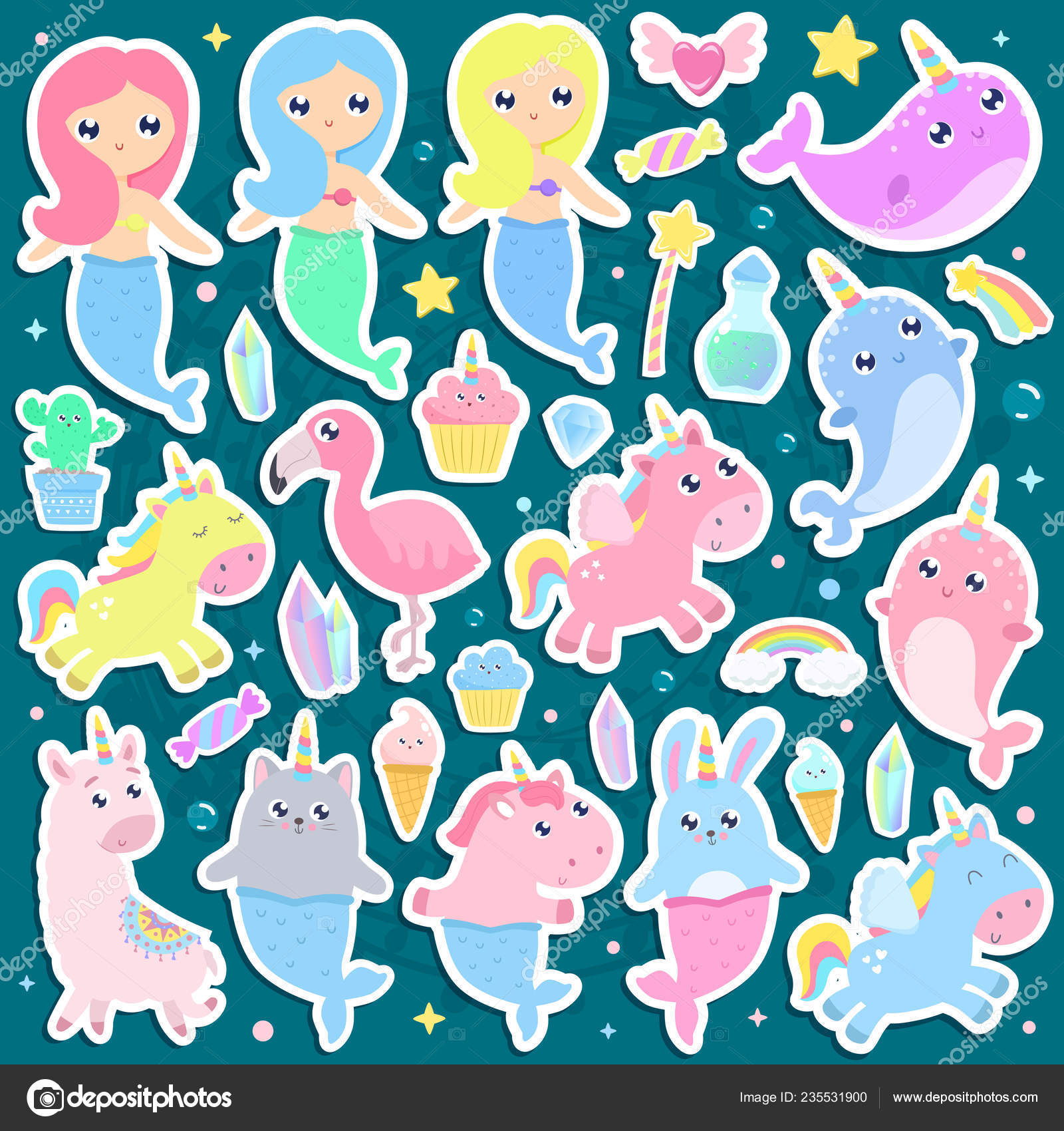 Magical Creatures Narwhal Unicorn Mermaid Bunny Mermaid Cat Mermaid Pegasus  Stock Vector by ©svetlam 235531900