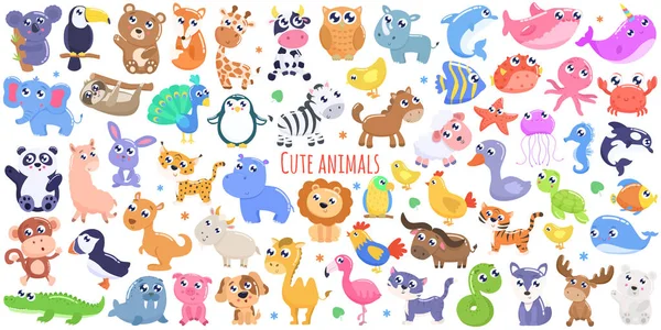 Lindos Animales Dibujos Animados Diseño Plano — Vector de stock