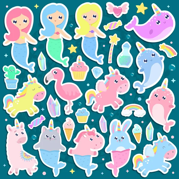 Magical Creatures Narwhal Unicorn Mermaid Bunny Mermaid Cat Mermaid Pegasus — Stock Vector