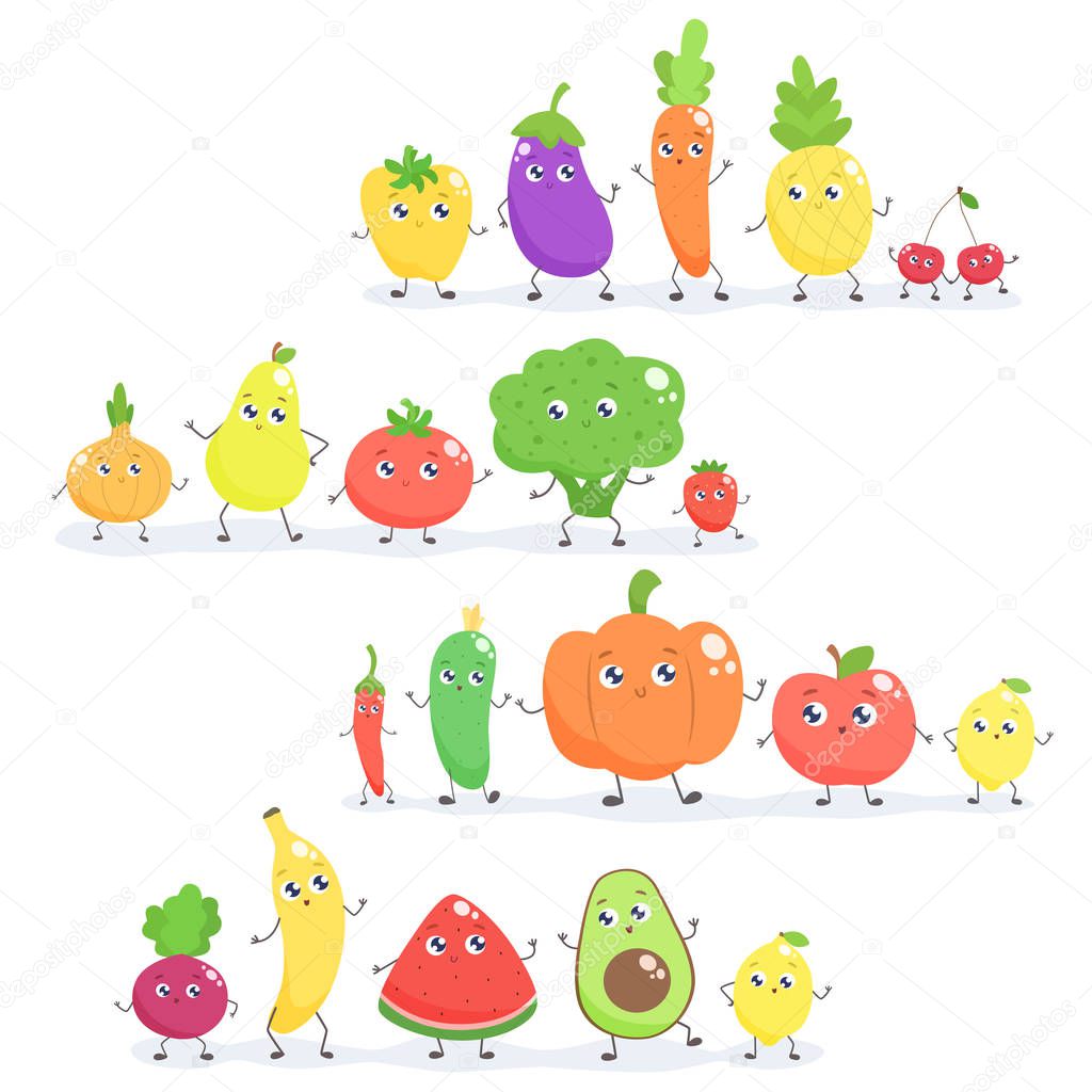 Set of cute cartoon fruits and vegetables. Vector flat illustration.