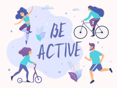 Etkin vektör çizim olmak. Sağlıklı aktif yaşam tarzı. Farklı fiziksel aktiviteler: çalışan, tekerlekli paten, scooter, Kuzey yürüyüşü.