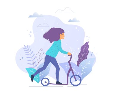 Kadın parkta bir tekme scooter sürme illüstrasyon vektör.